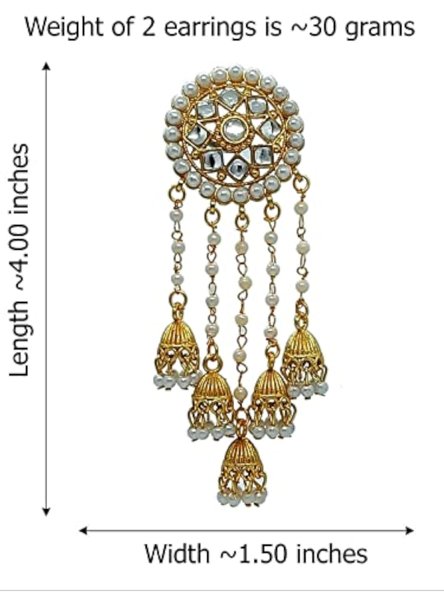 Women's Antique Gold Tone Kundan & Pearls Chain Fringe Dangle Earrings